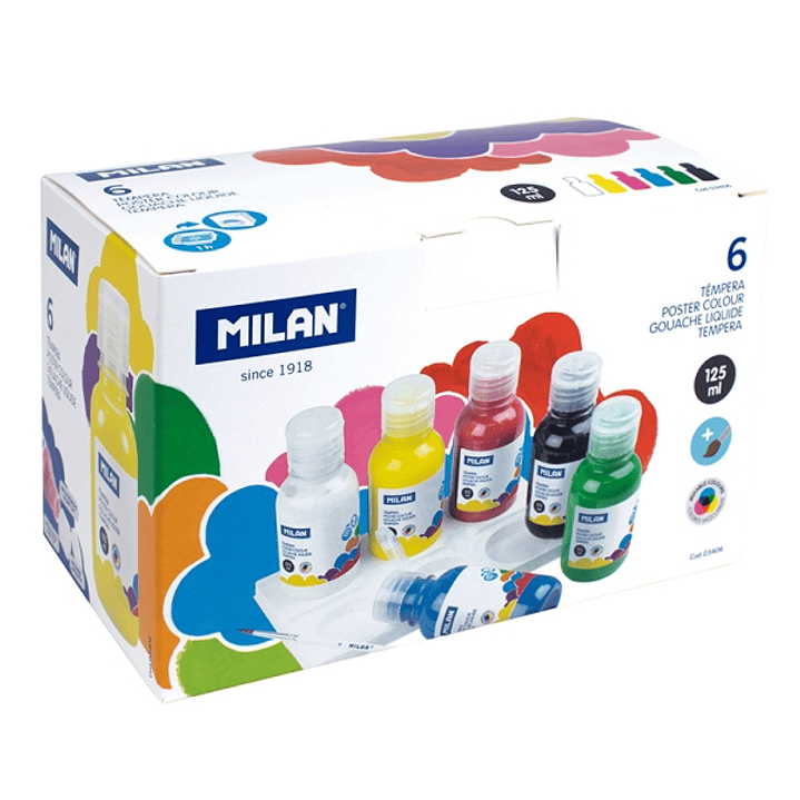 Milan Pack de 6 Botellas de Tempera - 125ml por Unidad - Incluye Pincel - Mezclable - Secado Rapido - Colores Surtidos 1