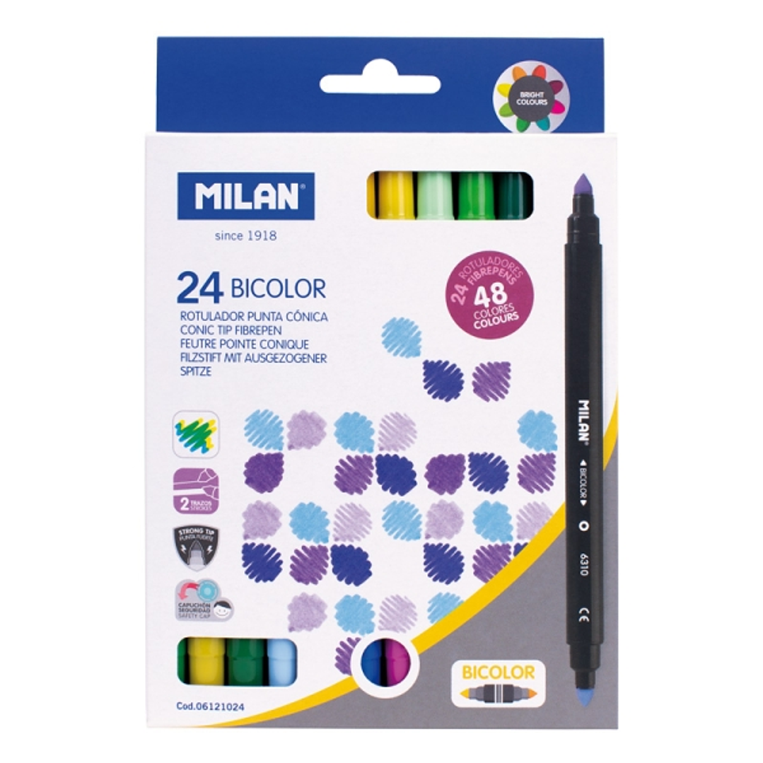 Milan Pack de 24 Rotuladores Bicolor - Tinta al Agua - Punta Conica de 5mm - Colores Surtidos 1