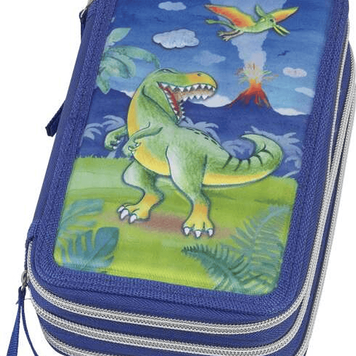 Faber-Castell Diseño Dinosaurio Estuche de 3 Pisos con Contenido de Serie: Goma de Borrar, Sacapuntas, Lapiz de Grafito HB, 2 Boligrafos (Azul y Rojo) 1