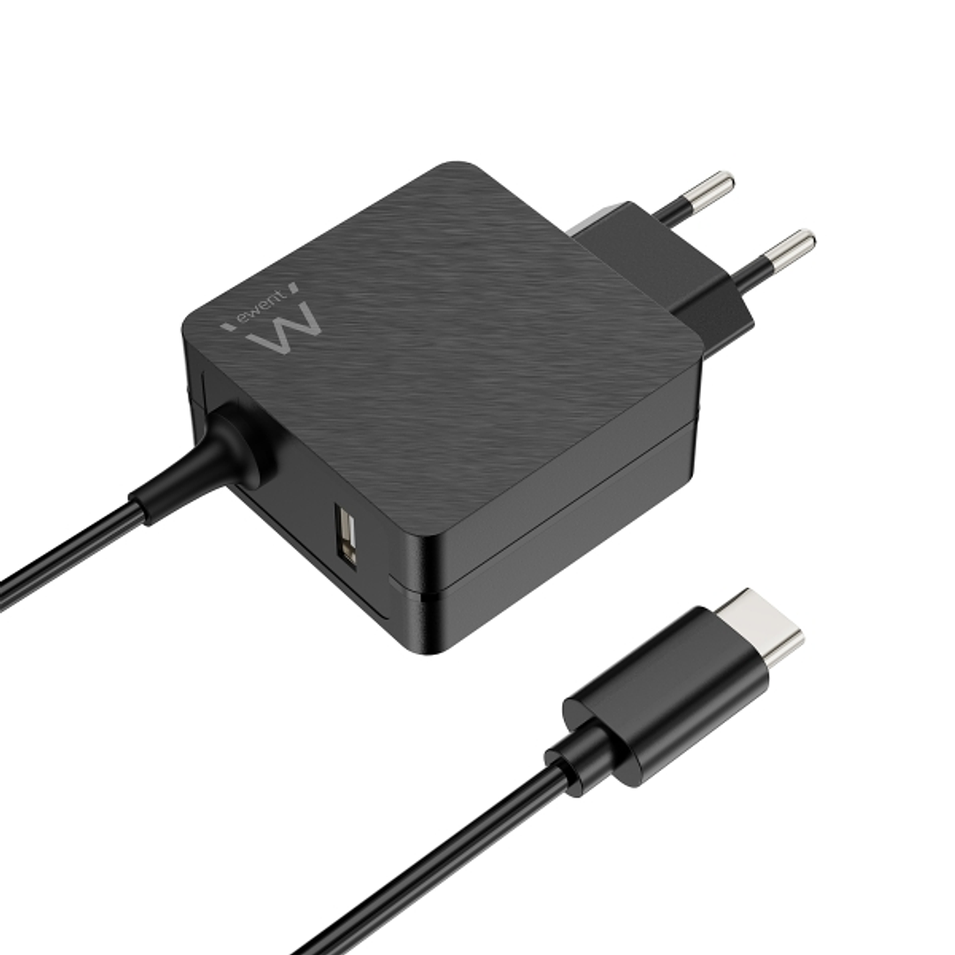 Ewent Cargador de Pared USB-C de 45W - Power Delivery - USB-A Extra - Cable de 1.5m - Proteccion Electrica - Color Negro 1