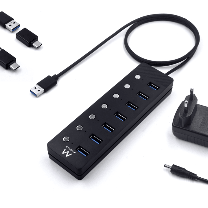 Ewent Hub USB 7 en 1 - Alimentacion Externa - Interruptores Individuales - Incluye Adaptador USB-C - Cable de 1.2m - Color Negro 1