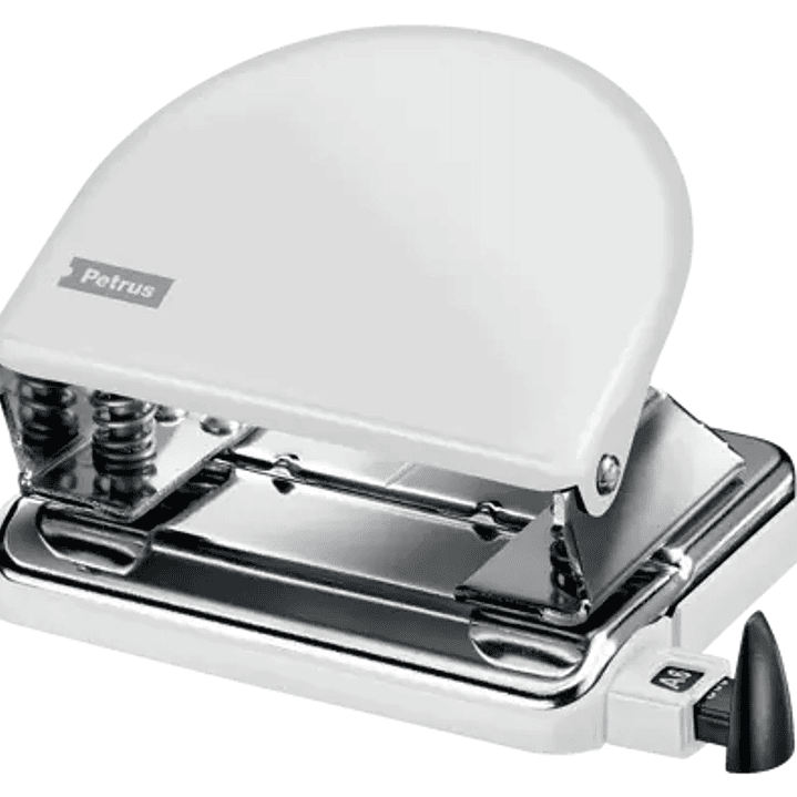 Petrus 52 WOW Taladro Perforador Clasico Metalico - Hasta 20 Hojas - Marcas de Formato - Facil Vaciado - Punzones 5.5mm - Color Blanco Metalizado 1