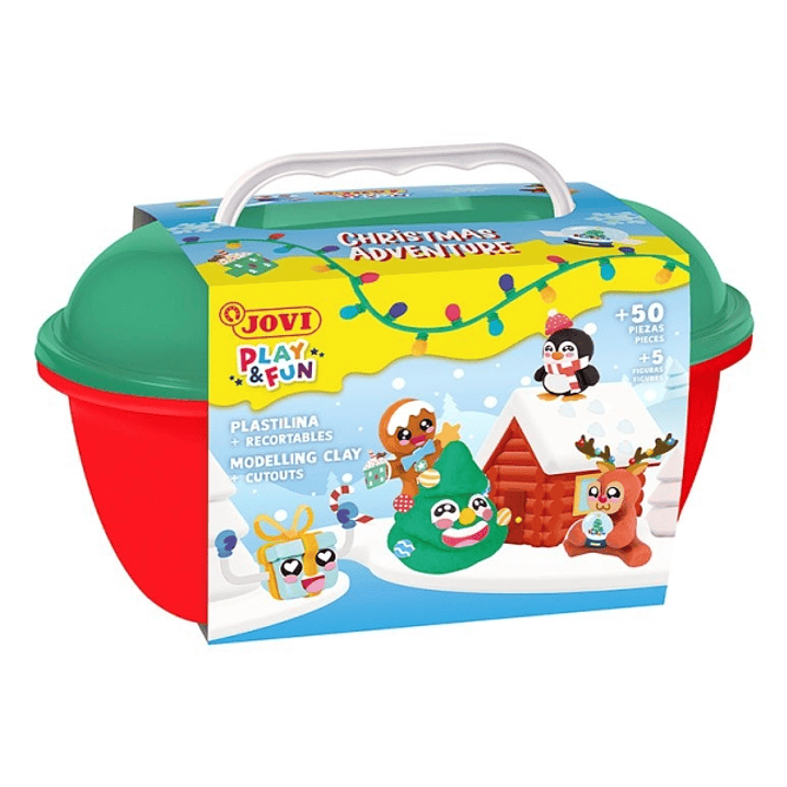 Jovi Play & Fun Cofre Christmas Adventure con 24 Barras de Plastilina 15gr + Modeladores + Recortables - Sin Gluten - Base Vegetal - No se Seca - Colo 1