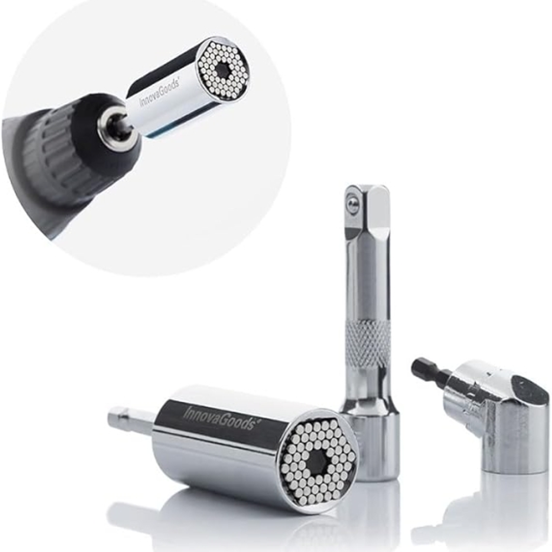 Innovagoods Uniscrew Llave de Vaso Universal - Incluye Accesorios - Multifuncion - Tornilleria Entre 7-19mm - 2.5x5cm - Color Plateado 1