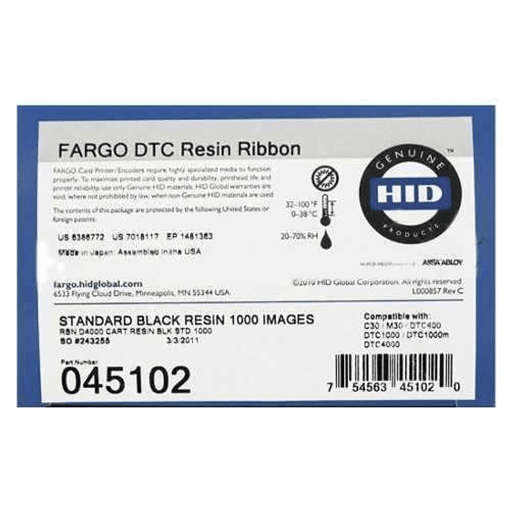 Fargo HID DTC1000 DTC1250 Cinta de Transferencia Termica Original Negro 1.000p + Rodillo de Limpieza - 045102 1