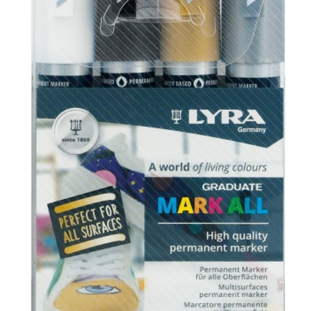 Lyra Mark All Pack de 4 Rotuladores Permanentes - Multisuperficie - Punta Redonda - 2mm - Colores Negro, Blanco, Oro y Plata 1