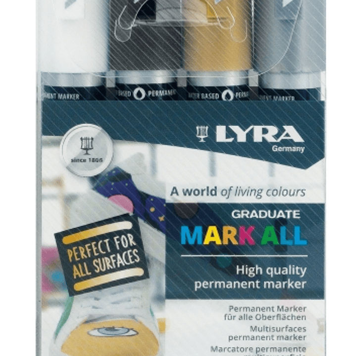 Lyra Mark All Pack de 4 Rotuladores Permanentes - Multisuperficie - Punta Redonda - 2mm - Colores Negro, Blanco, Oro y Plata 1