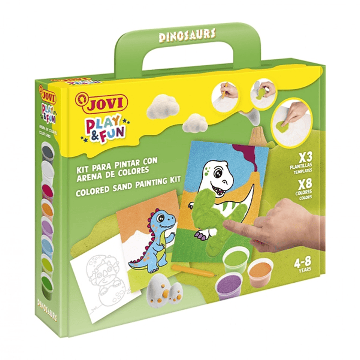 Jovi Play & Fun Kit Pinta con Arena Dinosaurs con 8 Botes de Arena + 1 Punzon + 3 Laminas con Diseños de Dinosaurios - Colores Surtidos 1
