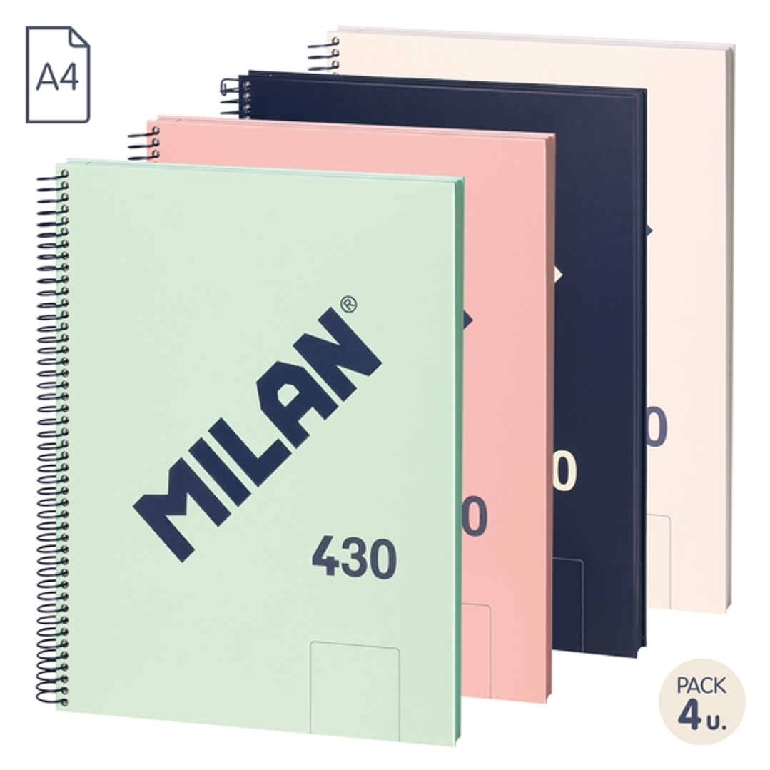 Milan 430 Since 1918 Pack de 4 Cuadernos A4 con Espiral - Hojas Blancas - 80 Hojas de 95g - Tapa Dura - Colores Surtidos 1
