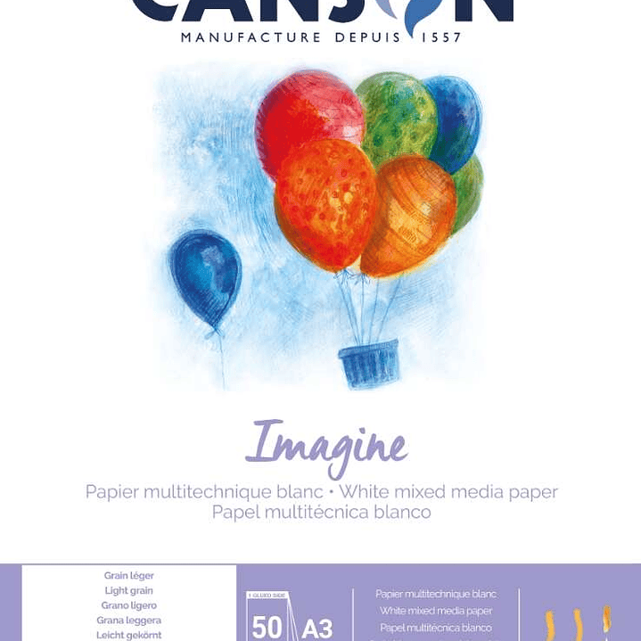 Canson Imagine Bloc Encolado de 50 Hojas A3 - Grano Fino - 29.7x42cm - 200g - Color Blanco 1