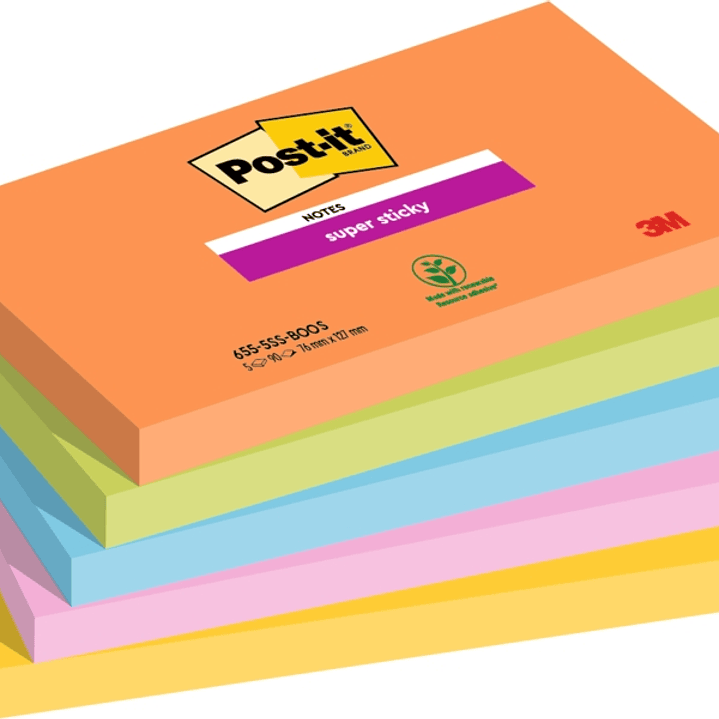 Post-It Super Sticky Pack de 5 Blocs de 90 Notas Adhesivas Reposicionables - Forma Rectangular - 127x76mm - Colores Surtidos 1