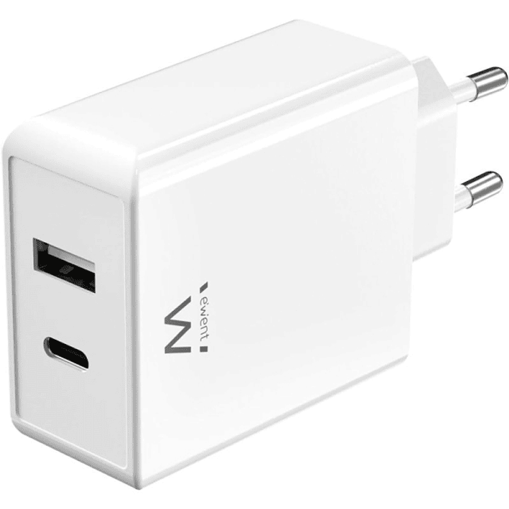 Ewent EW1328 Cargador GaN Universal de Pared 45W Ultrarapido - 1x USB-C PD & PPS, 1x USB-A QC - Color Blanco 1
