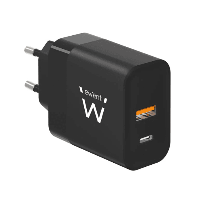 Ewent EW1327 Cargador GaN Universal de Pared 45W Ultrarapido - 1x USB-C PD 3.0 & PPS, 1x USB-A QC 2.0 - Color Negro 1