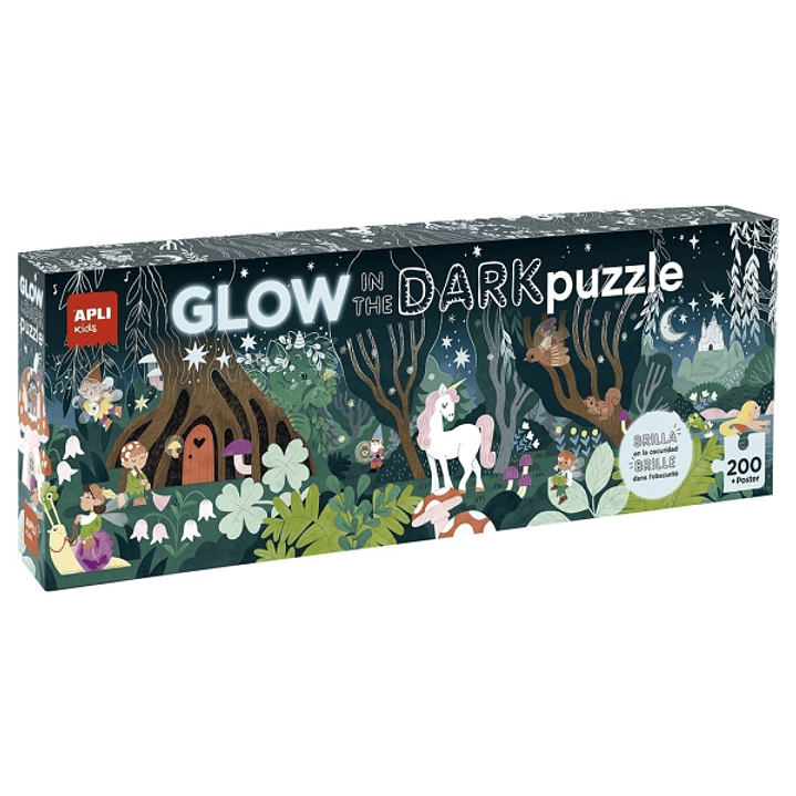 Apli Glow in the Dark Puzzle Fluorescente de 200 Piezas 6x5cm - Tematica Bosque Magico - Efecto Fluorescente que Revela Diseños Ocultos - Poster para  1