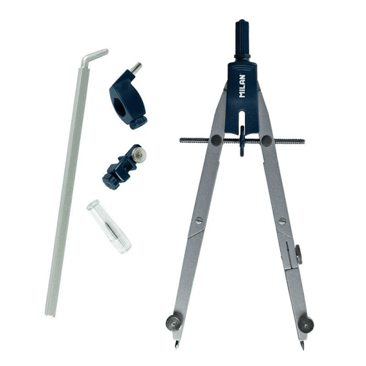 Milan Compas Escolar con Bigotera Automatica y 2 Articulaciones - Autocentrado Ilimitado - Contiene Minas de Recambio, Adaptador para Rotuladores Tecn 1