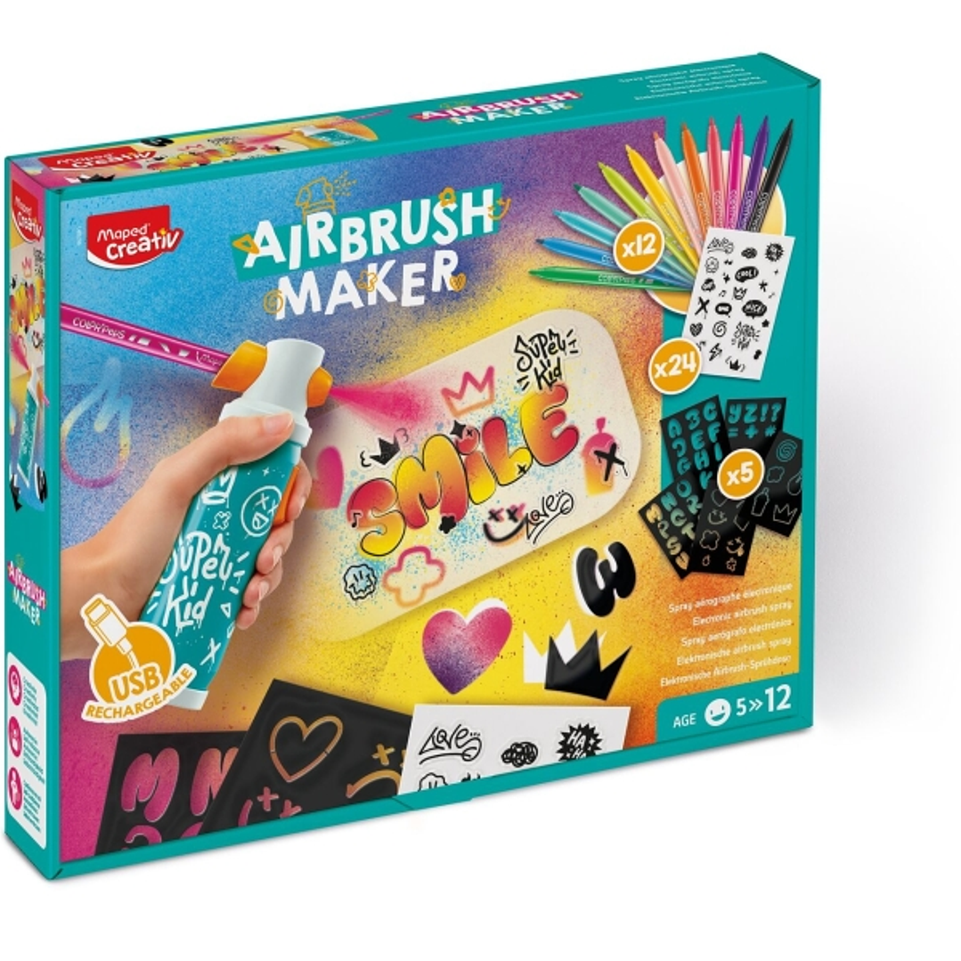 Maped Airbrush Maker Kit de Aerografo para Niños Facil de Usar con Rotuladores Maped Jungle + Pack de Recambios - Para Niños a partir de 5 Años 1