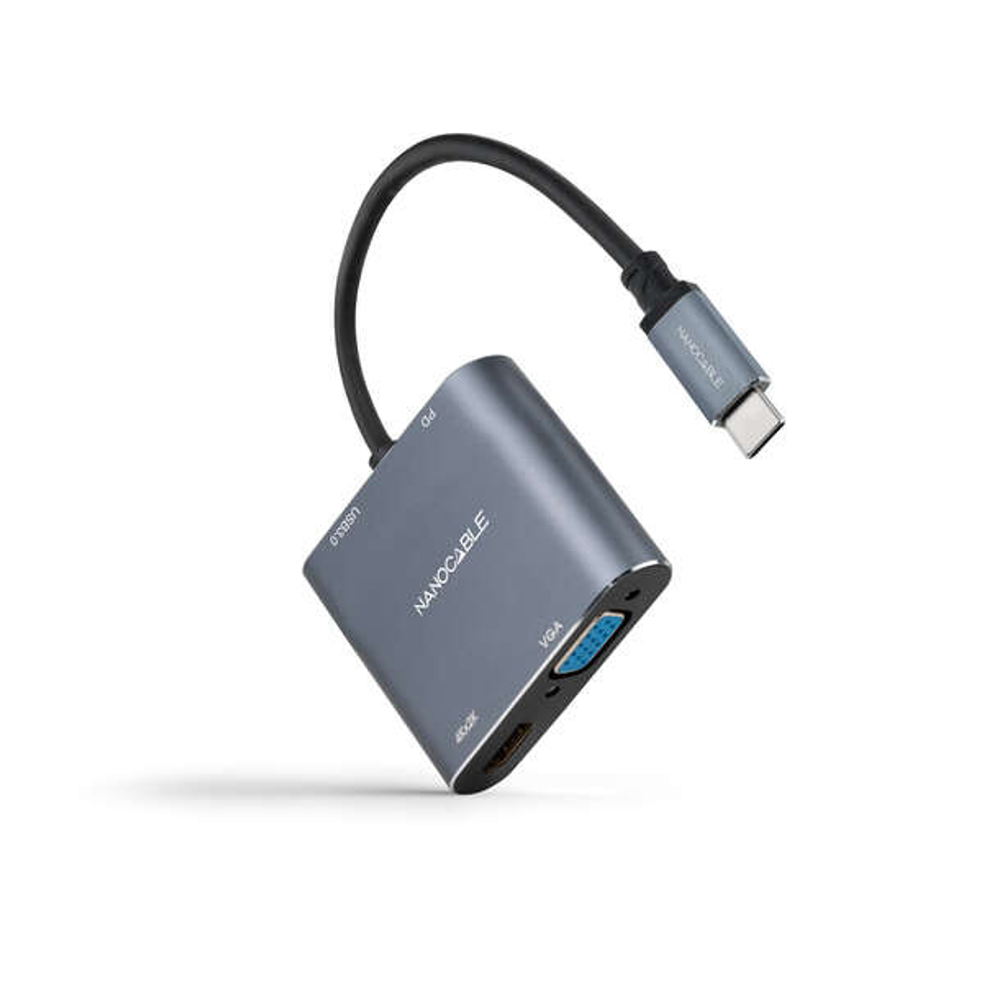 Nanocable Conversor USB-C a HDMI, VGA, USB 3.0 y USB-C PD - Longitud del Cable 15cm - Color Gris 1