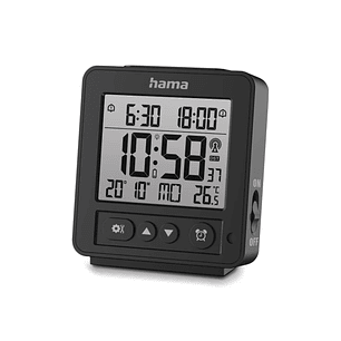 Hama Rhodes Radio Reloj Despertador - Pantalla Digital - Termometro - Funcion de Repeticion de Alarma - 2 Alarmas Configurables - Zona Horaria Ajustab