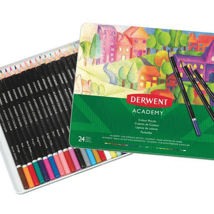 Derwent Academy Pack de 24 Lapices de Colores de Gran Calidad - Transferencia de Color Perfecta - Cuerpos de Madera Natural - Colores Surtidos 1