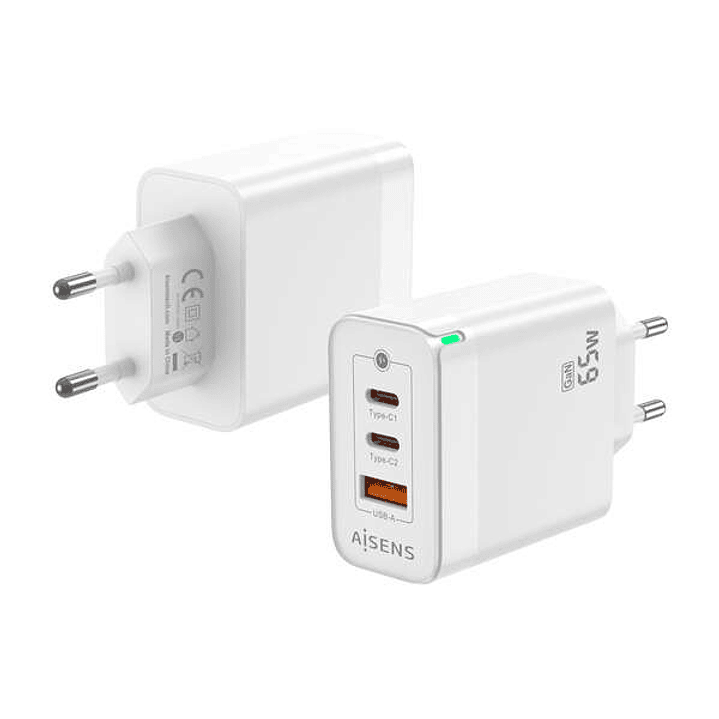 Aisens Cargador GAN 65W - 2xUSB-C PD3.0 QC4.0 - 1xUSB-A QC3.0 - Color Blanco 1