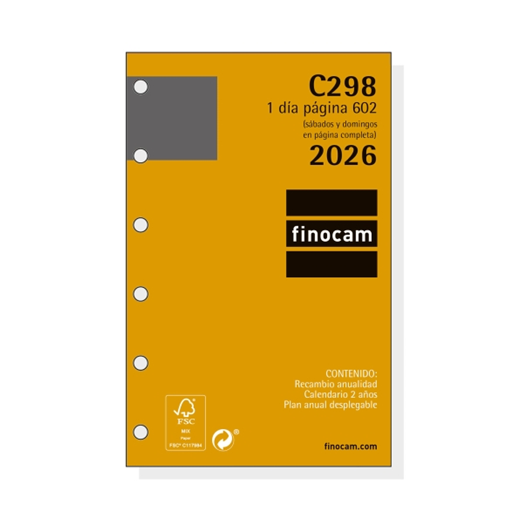 Finocam C298 Recambio para Agendas Classic - Anual 2026 - Hojas Microperforadas - Formato 602 - 73x18x114mm - 1 Dia por Pagina - Color Blanco 1