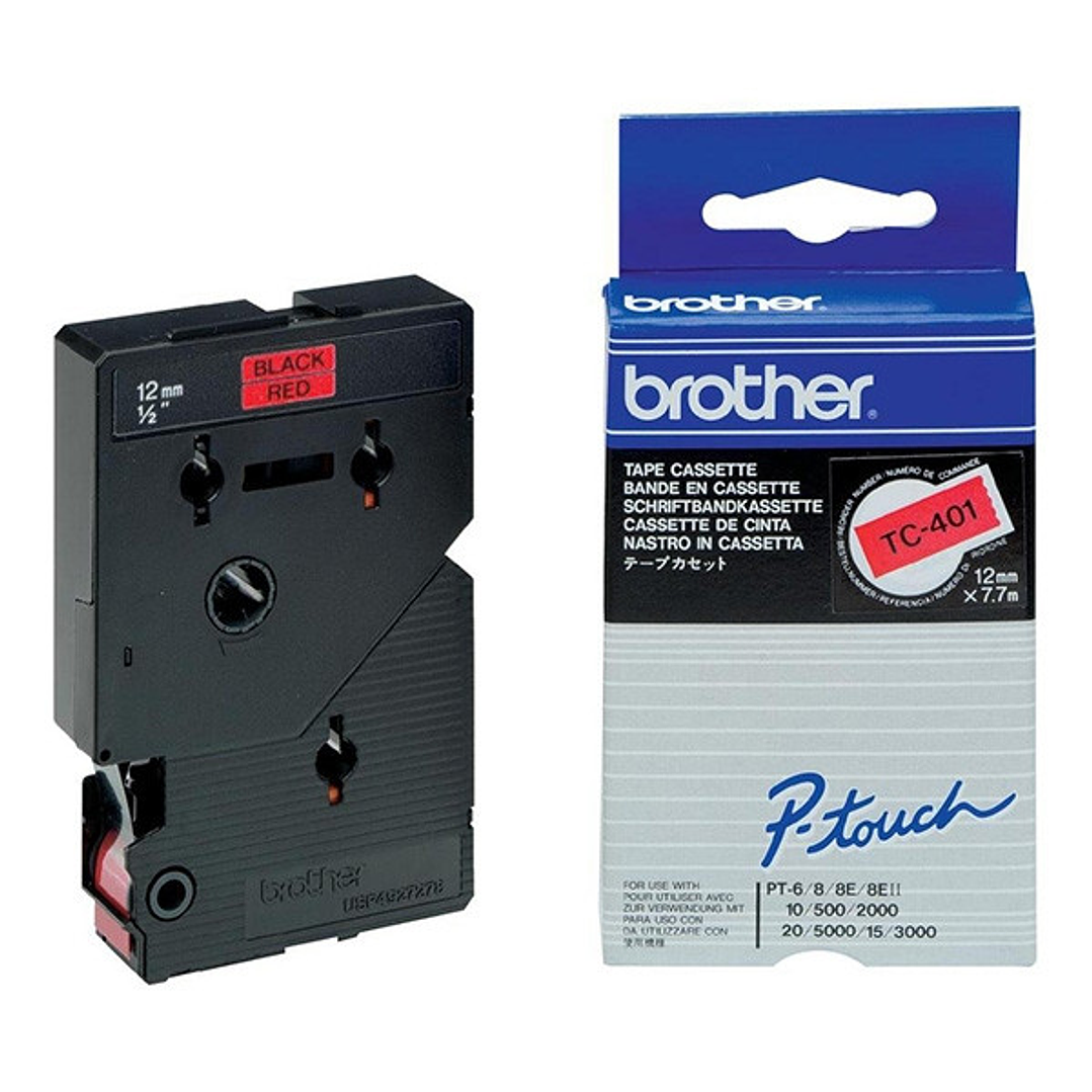 Brother TC401 Cinta Laminada Original para Rotuladora - Texto Negro sobre Fondo Rojo - Ancho 12mm x 7 metros 1