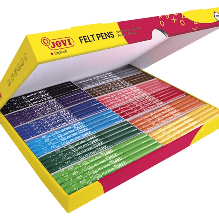 Jovi Felt Pens Caja de 144 Rotuladores - Punta Resistente - Capuchon Ventilado - Grip Triangular Ergonomico - Tinta de Gran Fijacion - Ideal para Cole 1