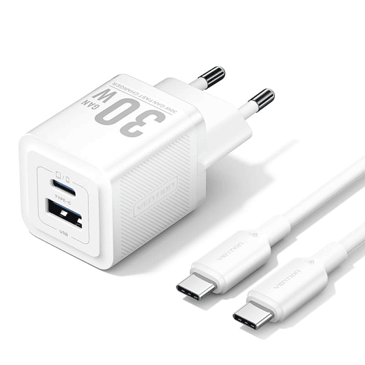 Vention Cargador de Pared GaN USB-C 30W - Cable USB-C 1m - Color Blanco 1