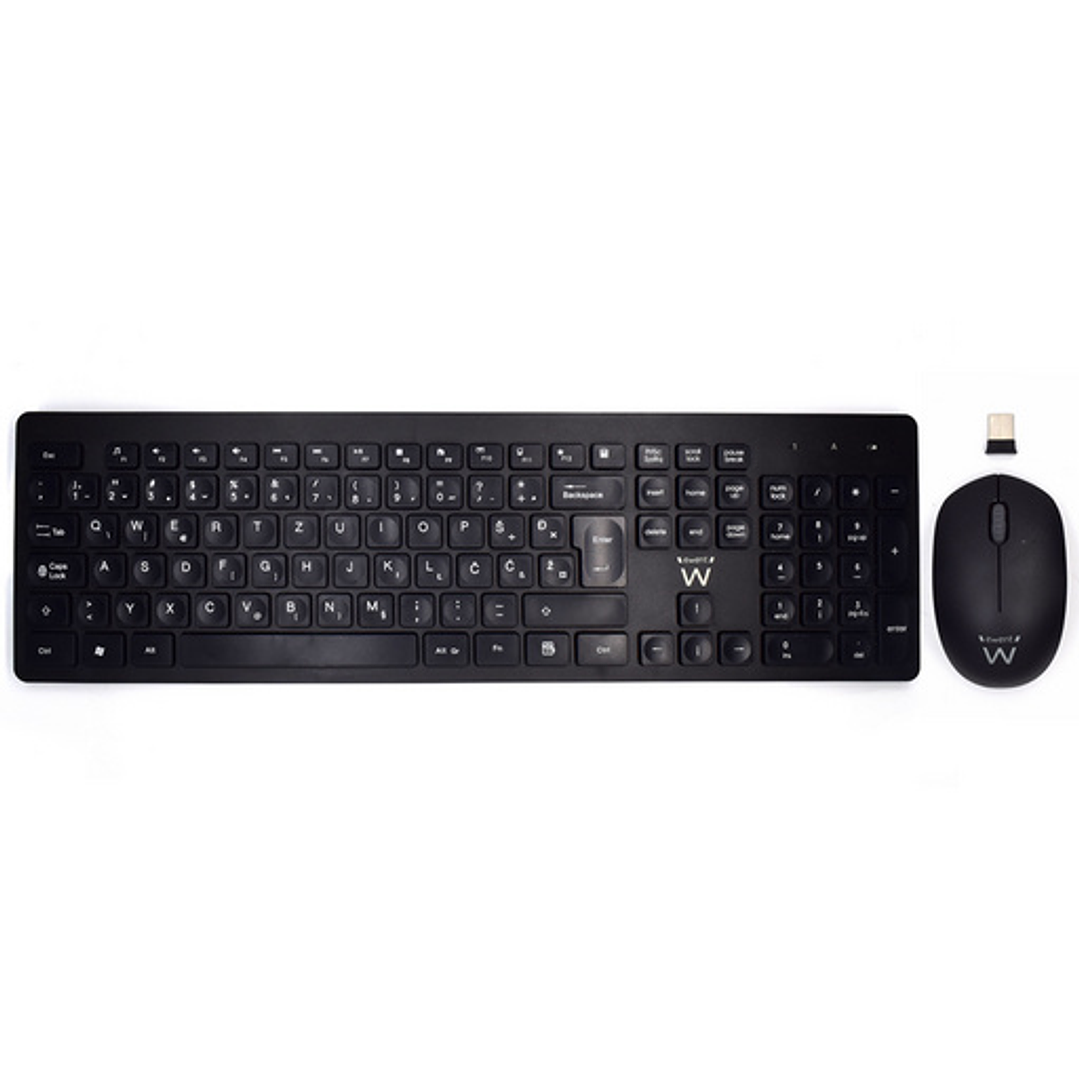 Ewent Pack Teclado + Raton Inalambricos - Receptor USB-A 2.4Hz - 1000dpi - Disposicion Eslovena QWERTZ SI - Incluye Pilas AA/AAA - Teclas Concavas - A 1