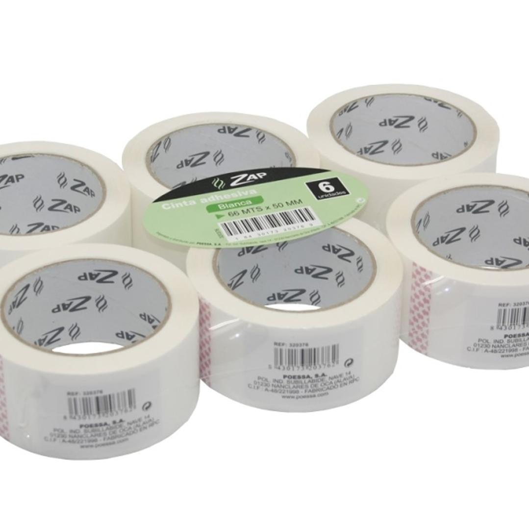 Zap Pack de 6 Precintos de Embalaje 50mm x 66m - Polipropileno 55 micras - Color Blanco 1