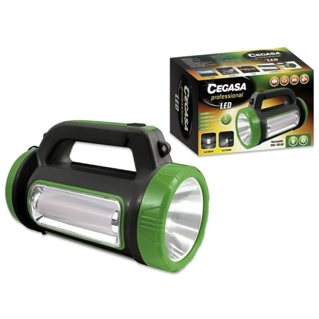 Cegasa Profesional Linterna Multifuncion LED - 5 Modos de Iluminacion - Bateria de 1800mAh - Alimentacion Solar y por USB - Color Negro/Verde 1