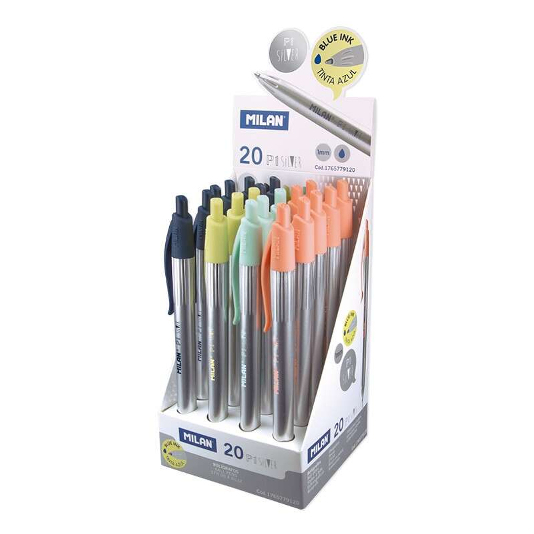 Milan P1 Silver Expositor de 20 Boligrafos de Bola Retractiles - Punta Redonda 1mm - Cuerpo Plateado con Clip de Colores Surtidos - Color de Tinta Azu 1