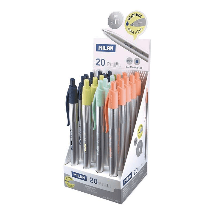 Milan P1 Silver Expositor de 20 Boligrafos de Bola Retractiles - Punta Redonda 1mm - Cuerpo Plateado con Clip de Colores Surtidos - Color de Tinta Azu 1