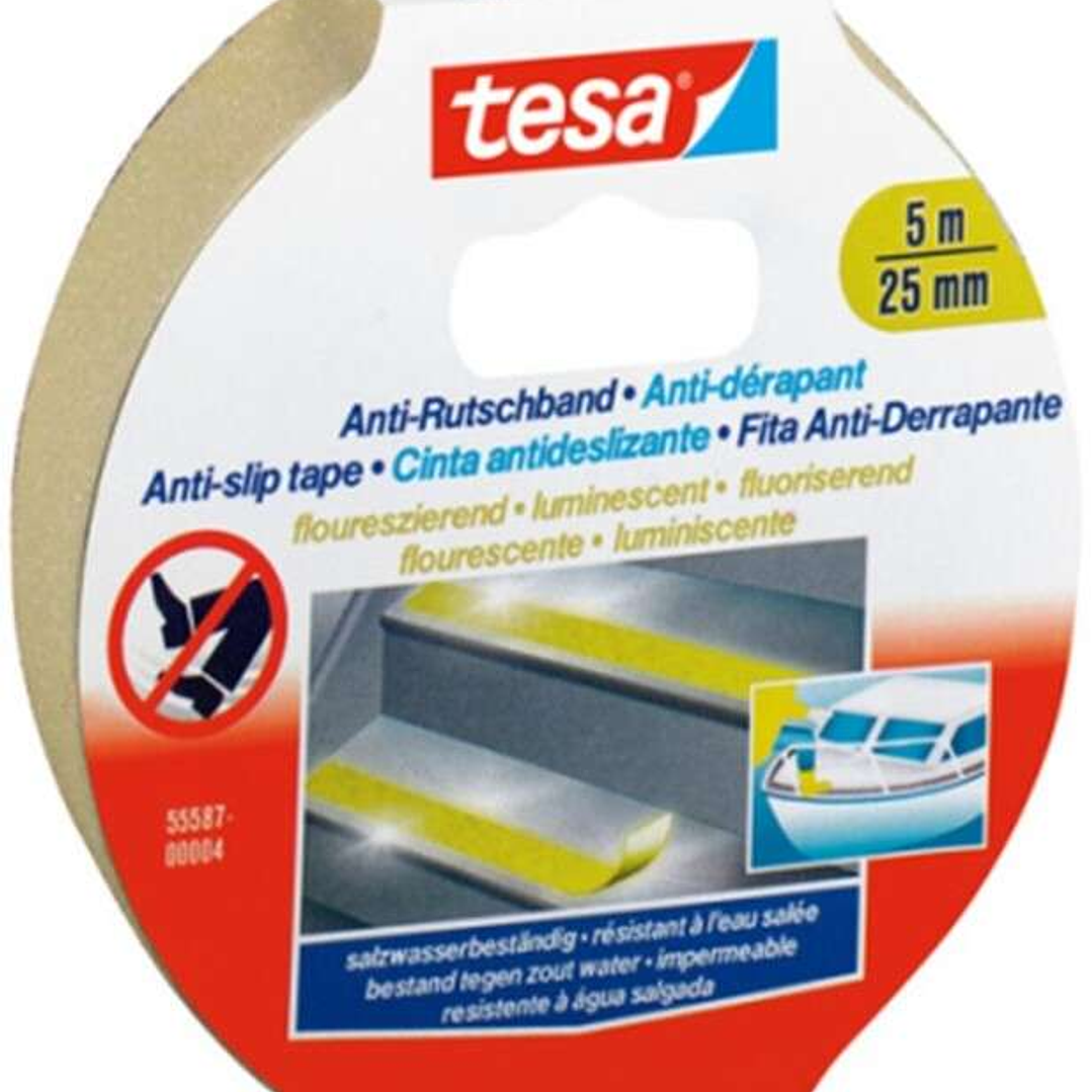 Tesa Anti-Slip Tape Cinta Antideslizante Adhesiva Fluorescente 5mx25mm - Fuerte Adhesion - Se Puede Cortar a Mano - Color Amarillo Fluorescente 1