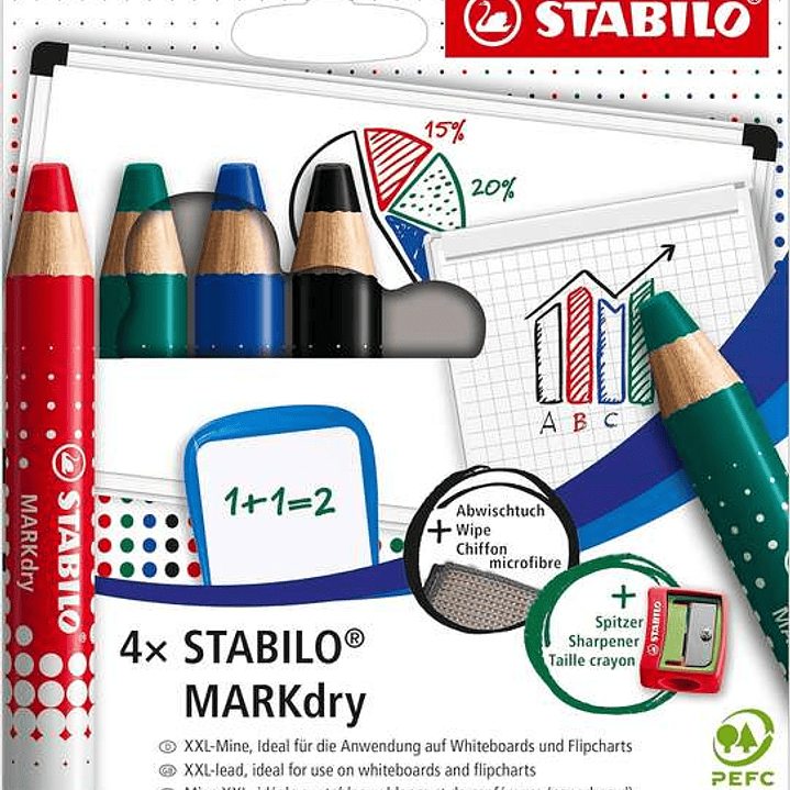 Stabilo MARKdry Pack de 4 Marcadores para Pizarra + Sacapuntas + Paño de Limpieza - Mina XXL de 10mm - Madera 100% Certificada PRFC - Colores Azul, Ve 1