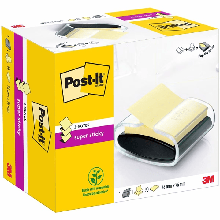 Post-It Super Sticky Dispensador con Bloc de 90 Z-Notas Adhesivas - Dispensador Pro - Forma Cuadrada - 76x76mm - Color Negro 1