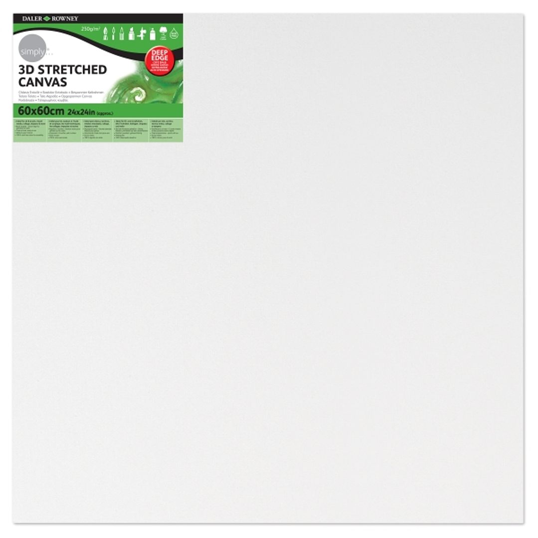 Daler Rowney Simply Bastidor Entelado 3D - 60x60cm - Imprimacion Triple - Grano Medio - 100% Algodon sin Acido - 250g - Color Blanco 1