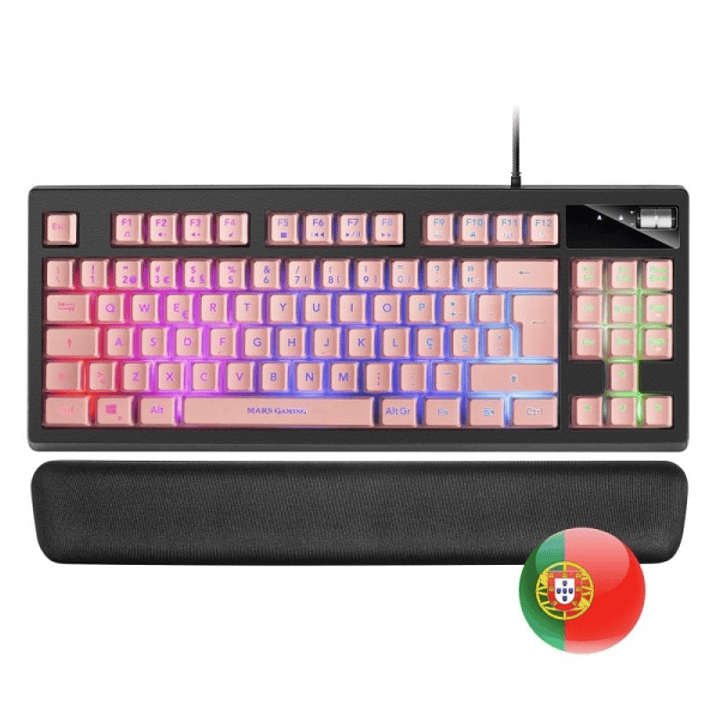 Mars Gaming MKAX Teclado Gaming - Iluminacion RGB 9 Efectos - Diseño Compacto TKL - Tecnologia H-Mech - Control de Volumen Roller - Reposamuñecas Memo 1