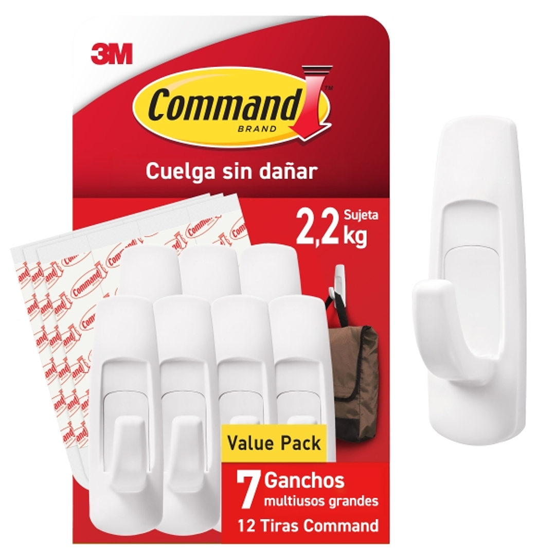 Command Pack de 7 Ganchos Grandes - 12 Tiras Adhesivas - Soporta hasta 2.2kg - Color Blanco 1