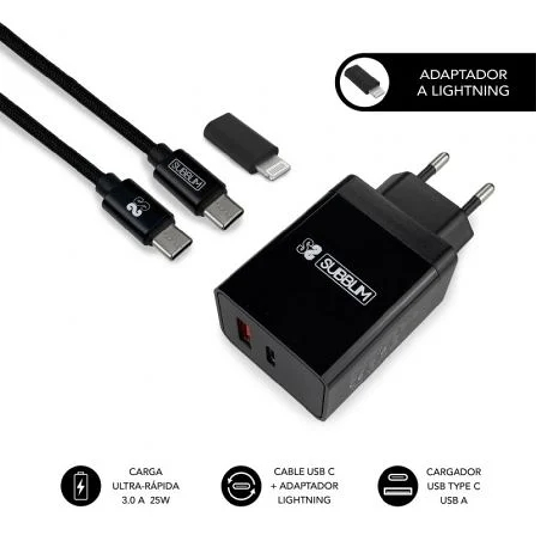 Subblim Cargador doméstico de 2 puertos - 25W - Carga rápida PD 3.0/2.0/Quick Charge 3.0 4.0 2.0 - Cable USB C reversible - Color Negro 1