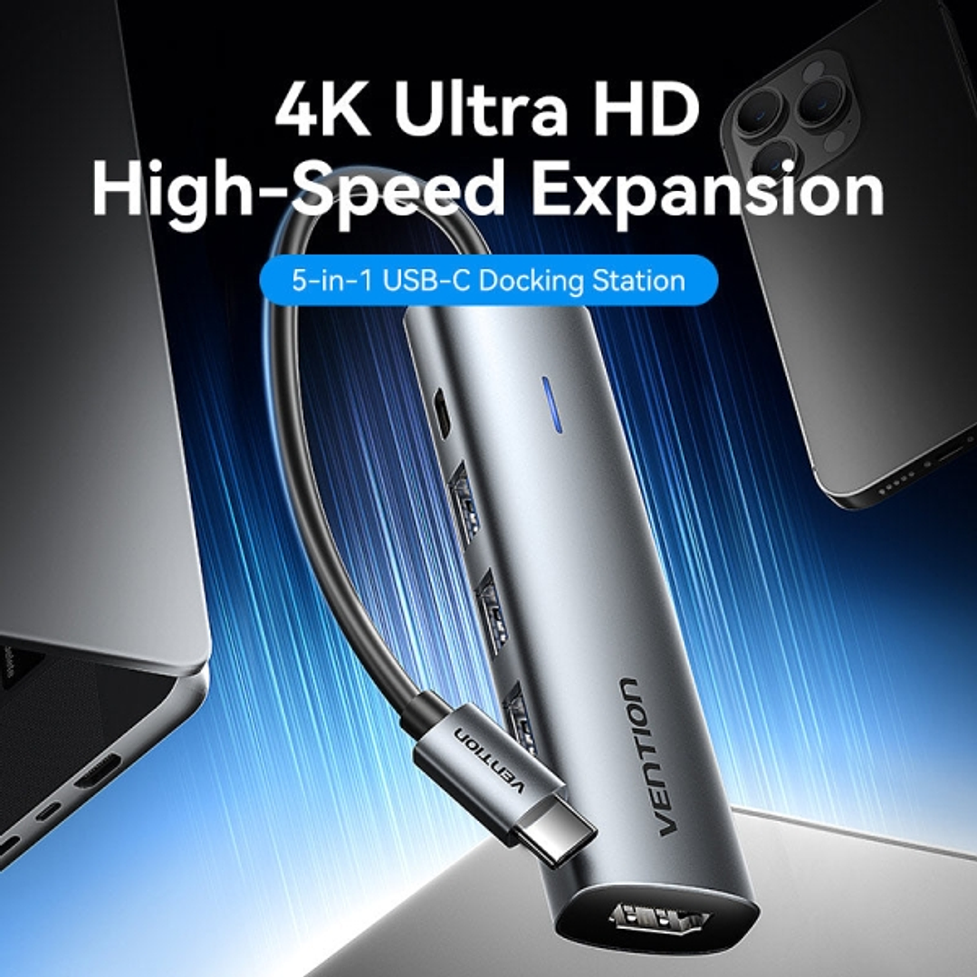 Vention Docking Station 5 en 1 USB-C a HDMI/3xUSB3.0/USB-C PD 100W - 0.15m - Color Gris 1