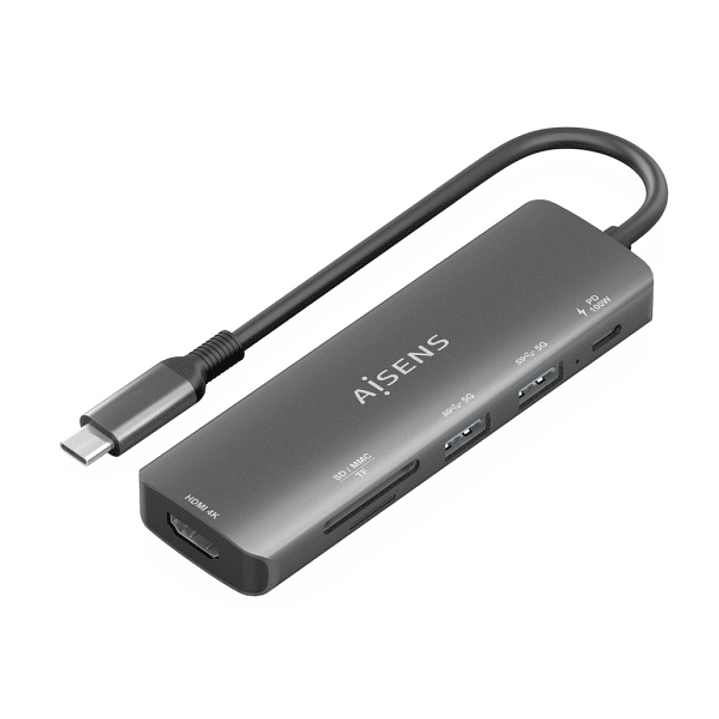 Aisens USB-C Dock 6 en 1 - USB-C a 1xHDMI - 2xUSB-A - 1xUSB-C PD 100W - 1xSD - 1xMicroSD - 15cm - Color Gris 1