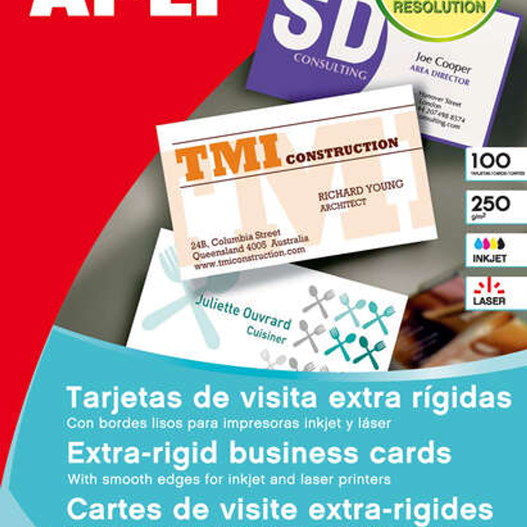 Apli Pack de 100 Tarjetas de Visita 250g - 10 Hojas por 10 Trajetas - Cantos Rectos - Color Blanco Mate 1