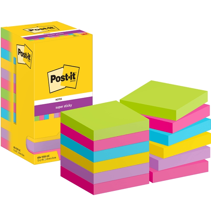 Post-It Super Sticky Pack de 12 Blocs de 90 Notas Adhesivas Reposicionables - Forma Cuadrada - 76x76mm - Colores Surtidos 1