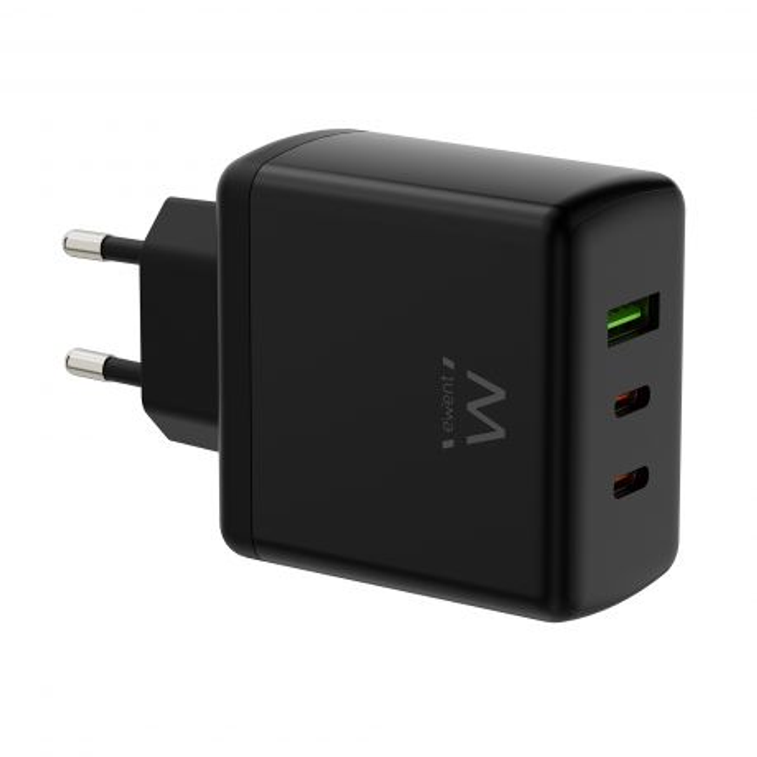 Ewent EW1330 Cargador GaN Universal de Pared 65W Ultrarapido - 2x USB-C PD 3.0 y 1x USB-A QC 3.0 - Color Negro 1