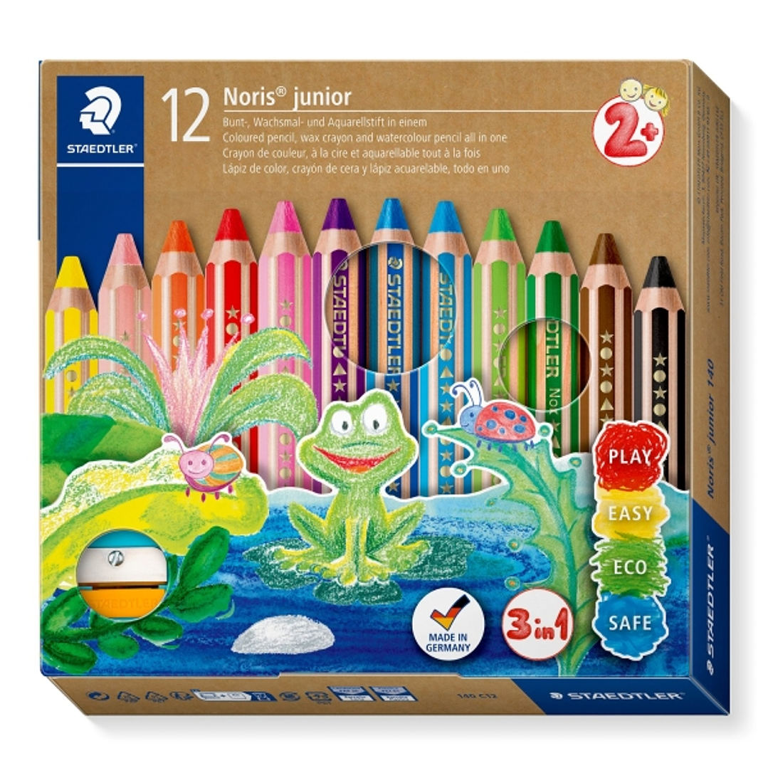 Staedtler Noris Junior Pack de 12 Lapices de Colores Extragruesos + Sacapuntas - 3 en 1, Lapiz, Cera y Acuarelable - Colores Surtidos 1