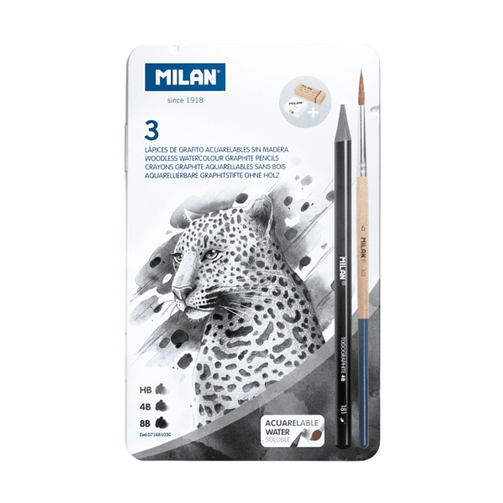 Milan Pack de 3 Lapices de Grafito Acuarelables Surtidos + Sacapuntas + Goma de Borrar + Pincel - Caja Metalica - Bandeja Interior - Color Gris Oscuro 1