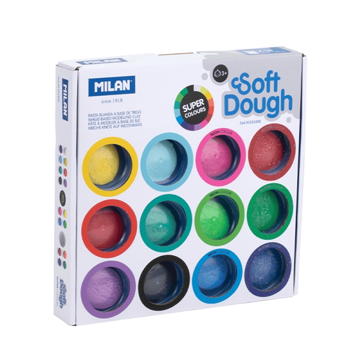 Milan Soft Dough Pack de 16 Botes de Pasta Blanda - 8 Basicos - 4 Neon - 4 Glitter o Purpurina - 30g por Unidad - 100% Vegetal - Moldeable - Sin Resid 1