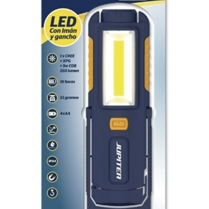 Jupiter Linterna de Trabajo LED+COB 250lm - Con Iman y Gancho - Resistencia IP44 - Funciona con 4 Pilas AA (No Incluidas) - Color Azul 1
