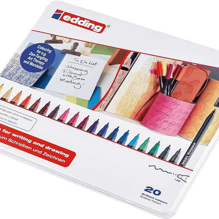 Edding 1200 Caja Metalica con 20 Rotuladores - Punta Redonda - Trazo 1mm - Tinta con Base de Agua - Colores Surtidos 1